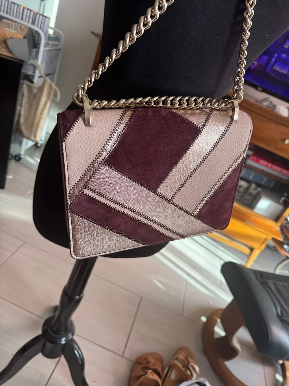 kate spade Burgundy and Rose Gold Heart Chain Shoulder Bag 